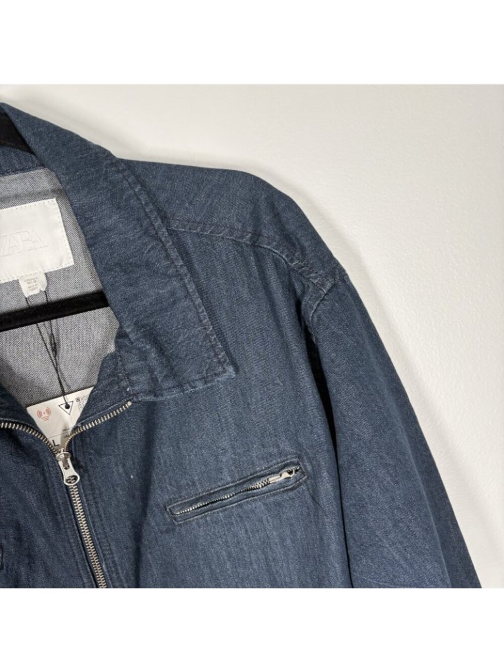 Zara Men Size L Blue Dark Wash Denim Cotton Casual Full Zip Jacket NWT - Picture 6 of 11